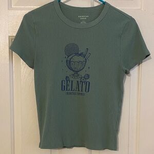 American Eagle Outfitters Green Crop Top with Blue Graphic